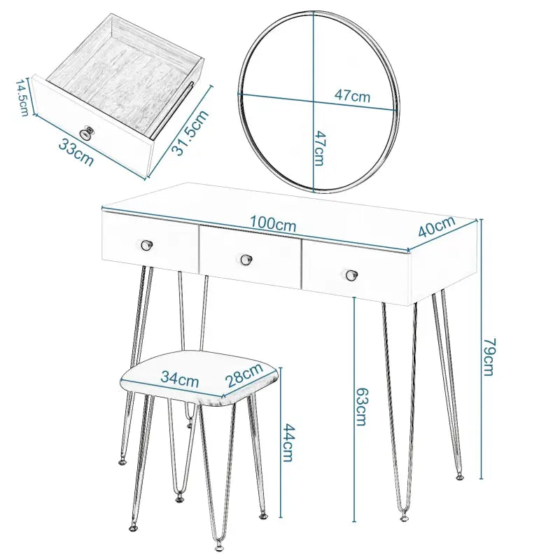 BukkitBow kaptafel met krukje en spiegel, gouden poten, afmetingen 100x40x80cm, stijlvolle houten meubel voor slaapkamer of kleedruimte