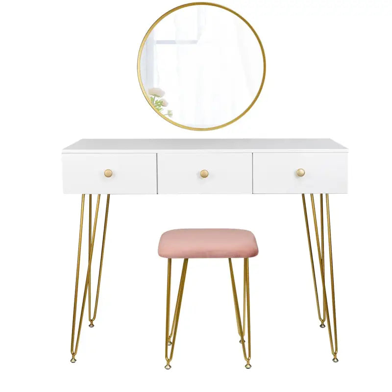 BukkitBow kaptafel met krukje en spiegel, gouden poten, afmetingen 100x40x80cm, stijlvolle houten meubel voor make-up en grooming.