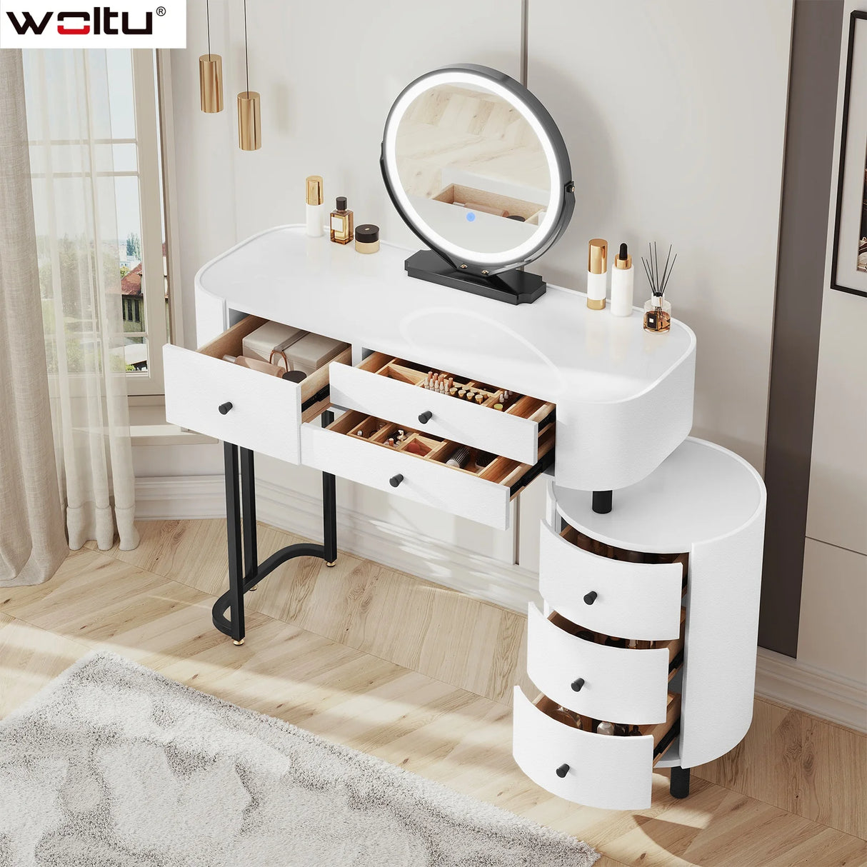 BukkitBow kaptafel met LED-verlichting, draaibare spiegel, zijkast en drie lichtkleuren voor make-up en haarstyling in slaapkamer