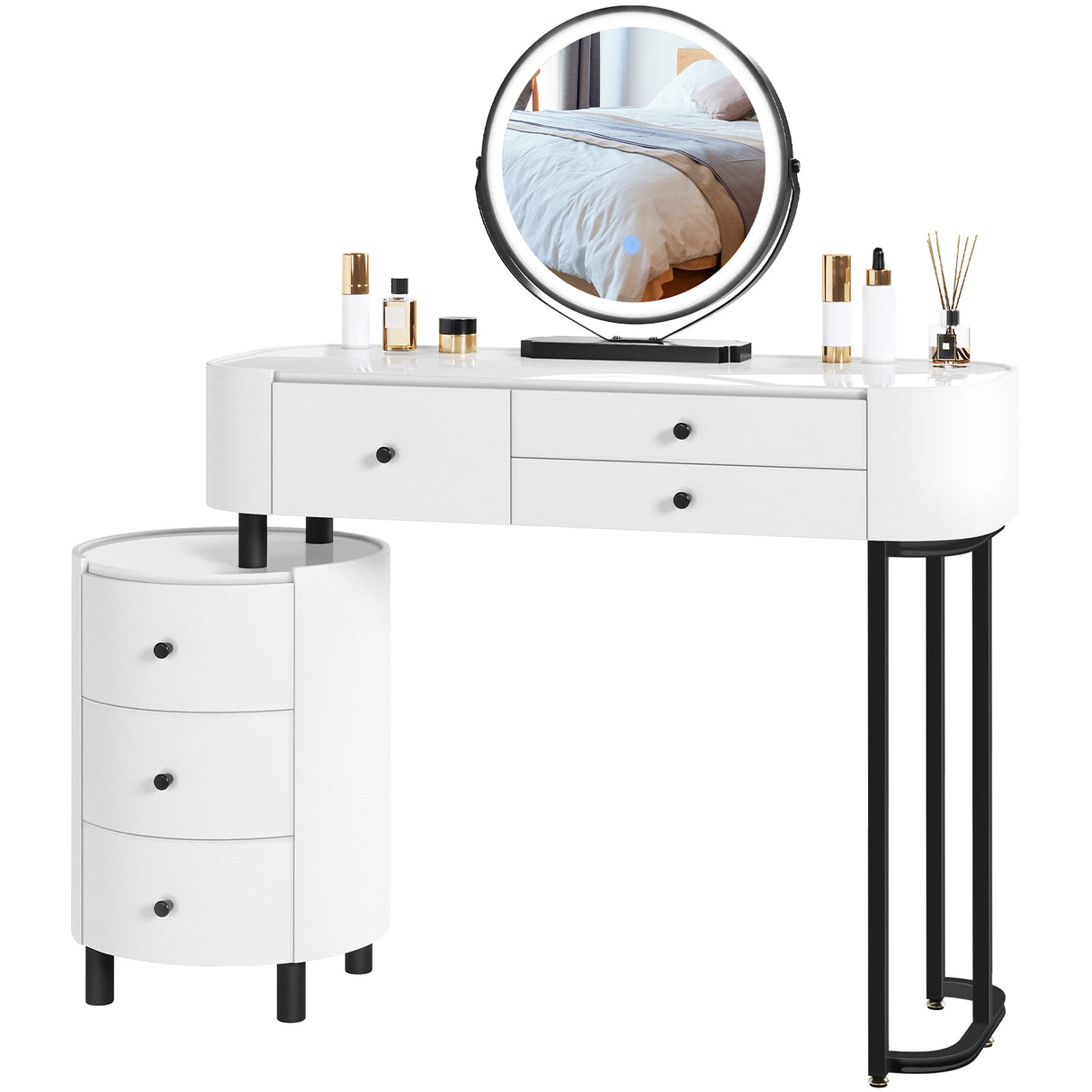 BukkitBow kaptafel met LED-verlichting, draaibare spiegel, drie lichtkleuren en zijkast, stijlvolle make-uptafel voor slaapkamer