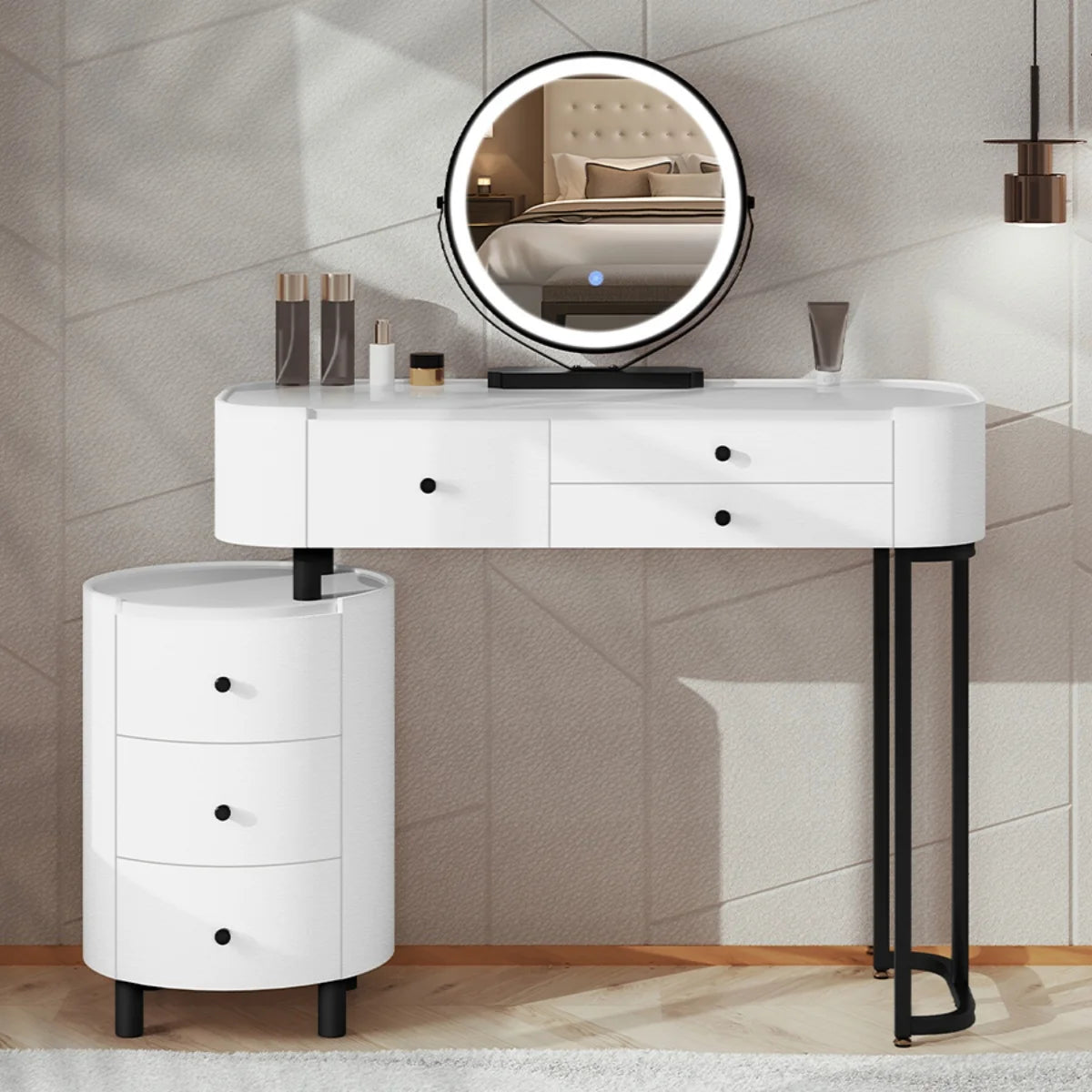 BukkitBow kaptafel met LED-verlichting, draaibare spiegel, zijkast en drie lichtkleuren, ideaal voor slaapkamer make-up.