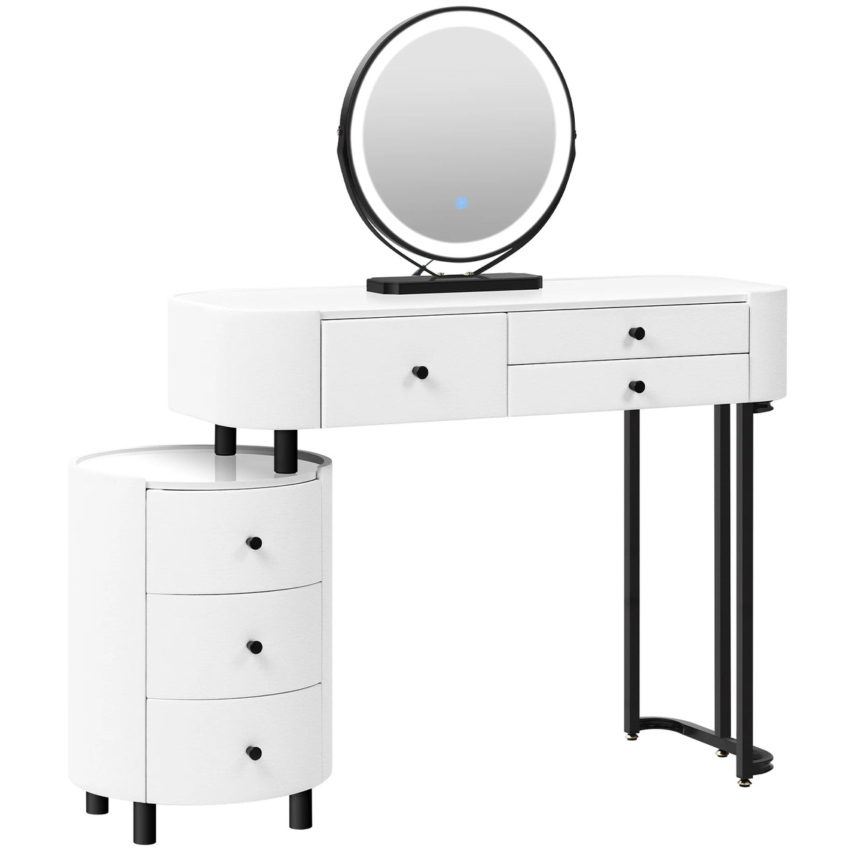 BukkitBow kaptafel met LED-verlichting, draaibare spiegel, zijkast en drie lichtkleuren voor make-up en slaapkamer gebruik.