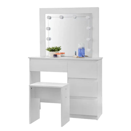 BukkitBow kaptafel set met kruk, melamine panelen, spiegel en LED-verlichting, perfect voor stijlvolle slaapkamer of kleedkamer.