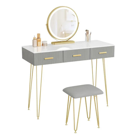 BukkitBow kaptafel set met LED spiegel, kruk, stevig hout, fluweel bekleding en gouden details, afmetingen 100x121,5x40 cm