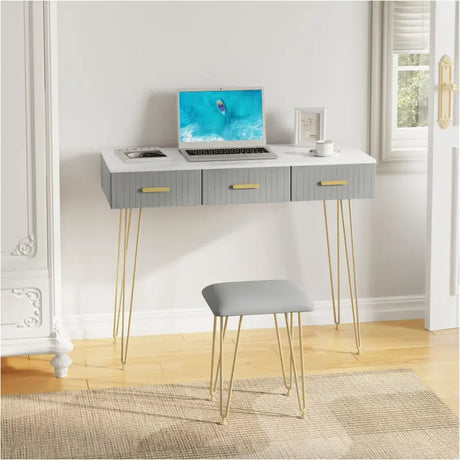 BukkitBow kaptafel set met LED spiegel, bijpassende kruk, stevig hout, fluweel bekleding en gouden details, afmetingen 100x121,5x40 cm.