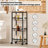 Zwart BukkitBow keukentrolley met vier niveaus, MDF en metaal, verplaatsbaar, ruimtebesparend, vintage houtlook, 40x87x20 cm.