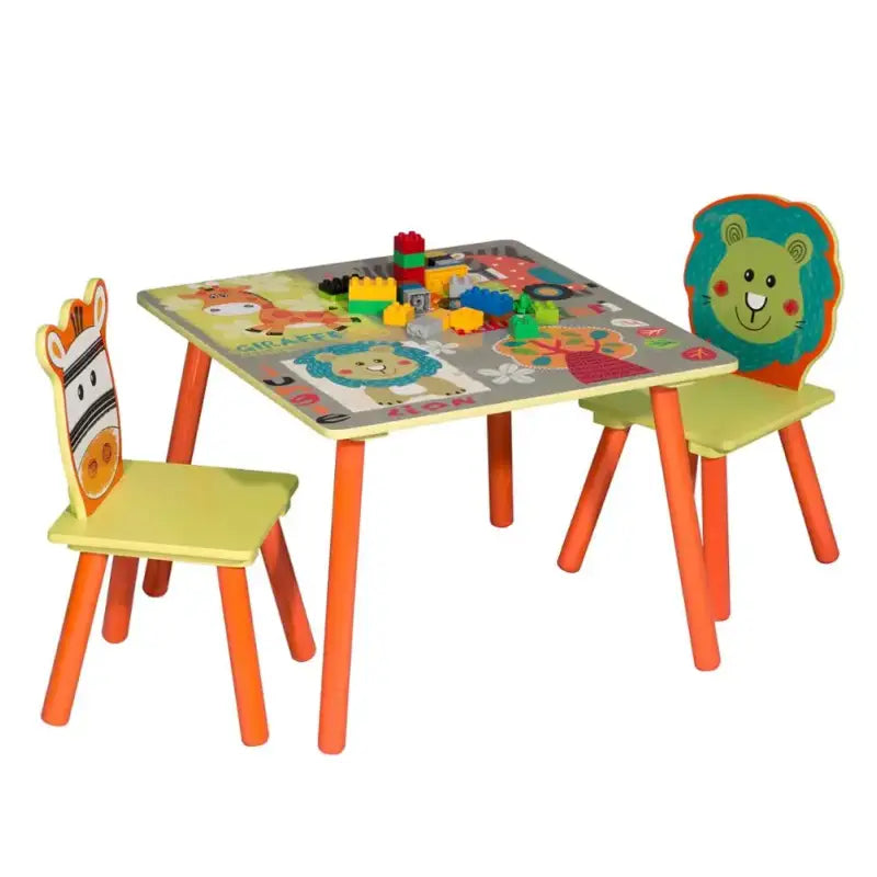 Veilige en stevige BukkitBow kindertafel met twee stoelen, afmetingen 60x60x44cm, geschikt voor kinderen.