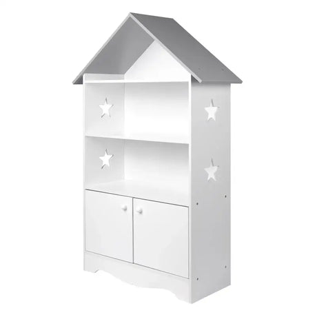 BukkitBow kinderboekenkast in huisvorm, wit met grijze details, 3 planken en opslagkast, afmetingen 62x115x27cm