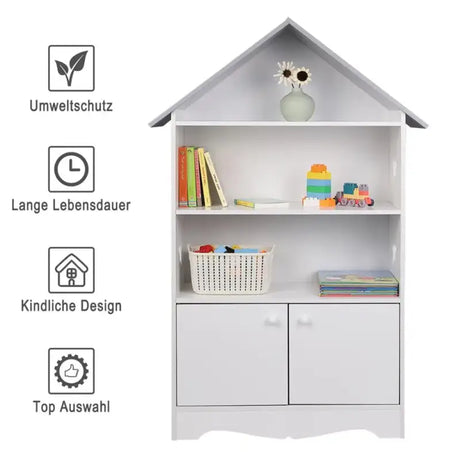 Witte kinderboekenkast van BukkitBow met 3 planken en opbergkast in huisvorm, grijze details, afmetingen 62x115x27 cm