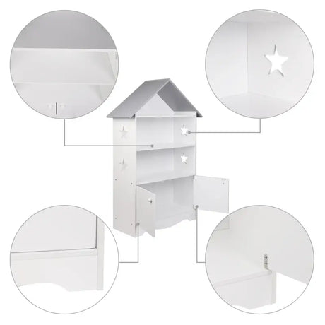 Witte en grijze kinderboekenkast van BukkitBow met 3 planken en opbergkast in huisvorm, afmetingen 62x115x27 cm.
