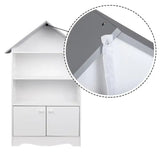 Witte BukkitBow kinderboekenkast met 3 planken en opbergkast in huisvorm, grijze details, afmetingen 62x115x27cm