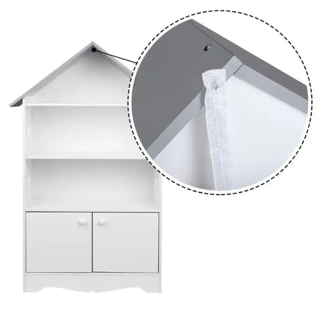 Witte BukkitBow kinderboekenkast met 3 planken en opbergkast in huisvorm, grijze details, afmetingen 62x115x27cm