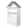 Witte en grijze BukkitBow kinderboekenkast met 3 planken en opbergkast in huisvorm, 62x115x27cm, geschikt voor kinderkamers.