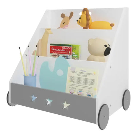 BukkitBow kinderboekenkast met sterpatronen, trapeziumvormig in grijs en wit, met wielen en afmetingen 43x58x60cm.