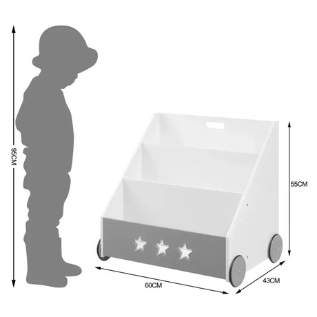 Kinderboekenkast BukkitBow met sterpatronen, trapeziumvormig in grijs en wit met wielen, 43x58x60cm.