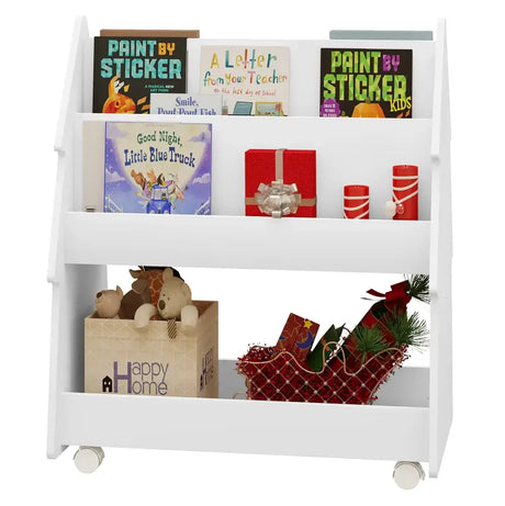 Kinderboekenplank van BukkitBow, dubbelzijdige Montessori-boekenkast met wieltjes, 60x71x38,5cm, geschikt voor kinderboekententoonstellingen.