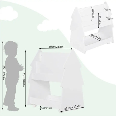 BukkitBow kinderboekenplank en dubbele boekenkast met wieltjes in Montessori-stijl, 60x71x38,5 cm, voor kinderboekopslag.