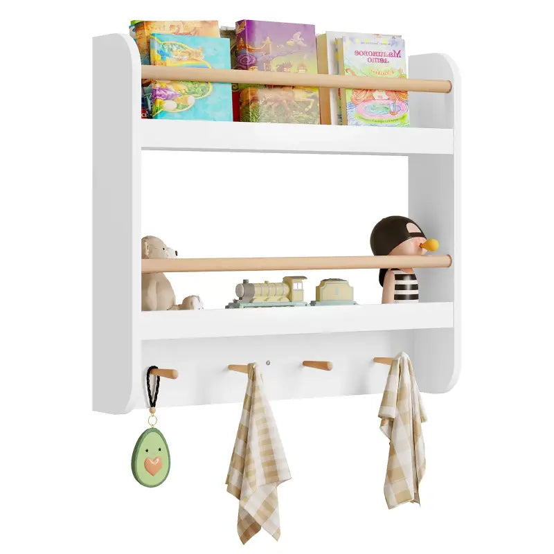 Kinderboekenplank BukkitBow van MDF en Grenenhout, wandmontage met 2 planken, 2 stangen en 4 haken, afmetingen 60x55x12 cm.