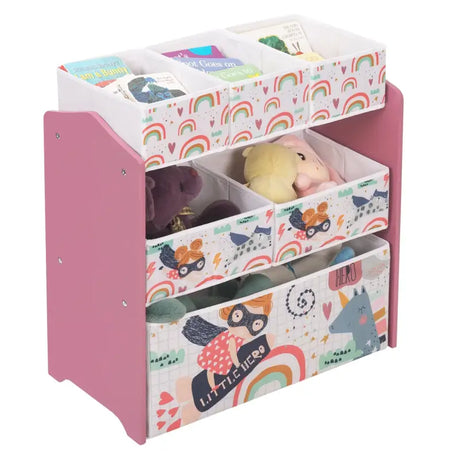 Kinderboekenkast BukkitBow met MDF en massief grenenhout, 6 stoffen manden, afgeronde randen en cartoon ontwerp.