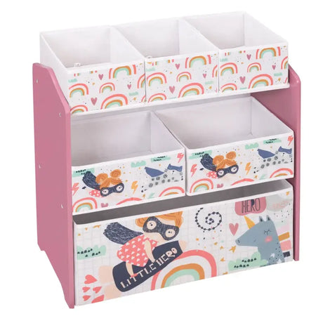BukkitBow kinder boekenkast met opbergplank, MDF en massief grenenhout, 6 stoffen manden, ronde randen en cartoon ontwerp