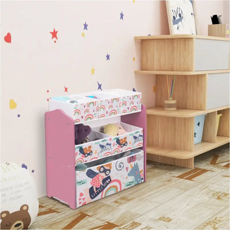 BukkitBow kinders boekenkast met MDF en massief grenenhout, 6 stoffen manden, cartoon ontwerp, afgeronde randen, kindvriendelijk.