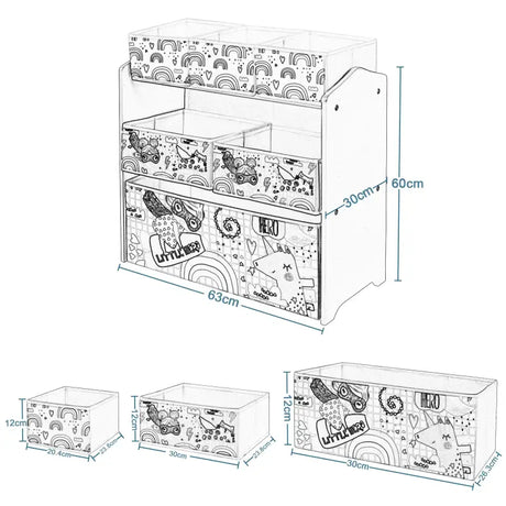 BukkitBow kinder boekenkast met MDF en massief grenenhout, 6 stoffen manden, cartoon ontwerp en afgeronde randen.