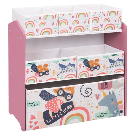 Kinder boekenkast BukkitBow met MDF en massief grenenhout, 6 stoffen manden, cartoon ontwerp en afgeronde randen.