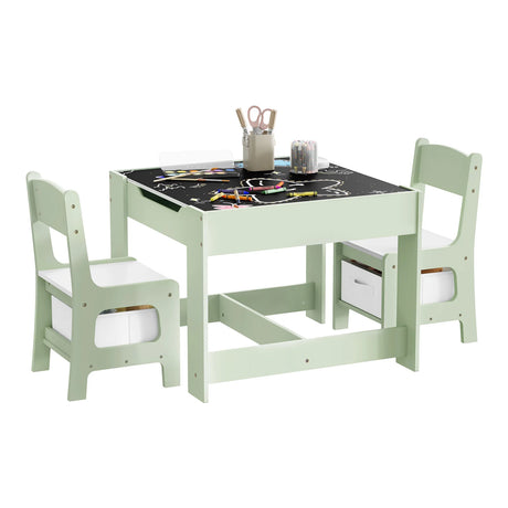 BukkitBow kindertafel met twee houten stoelen en opbergruimte, geschikt als speelset voor kinderen.