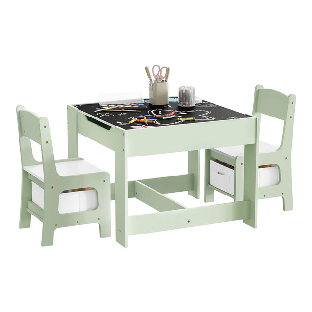 BukkitBow kindertafel met twee houten stoelen en opbergruimte, geschikt als speelset voor kinderen.