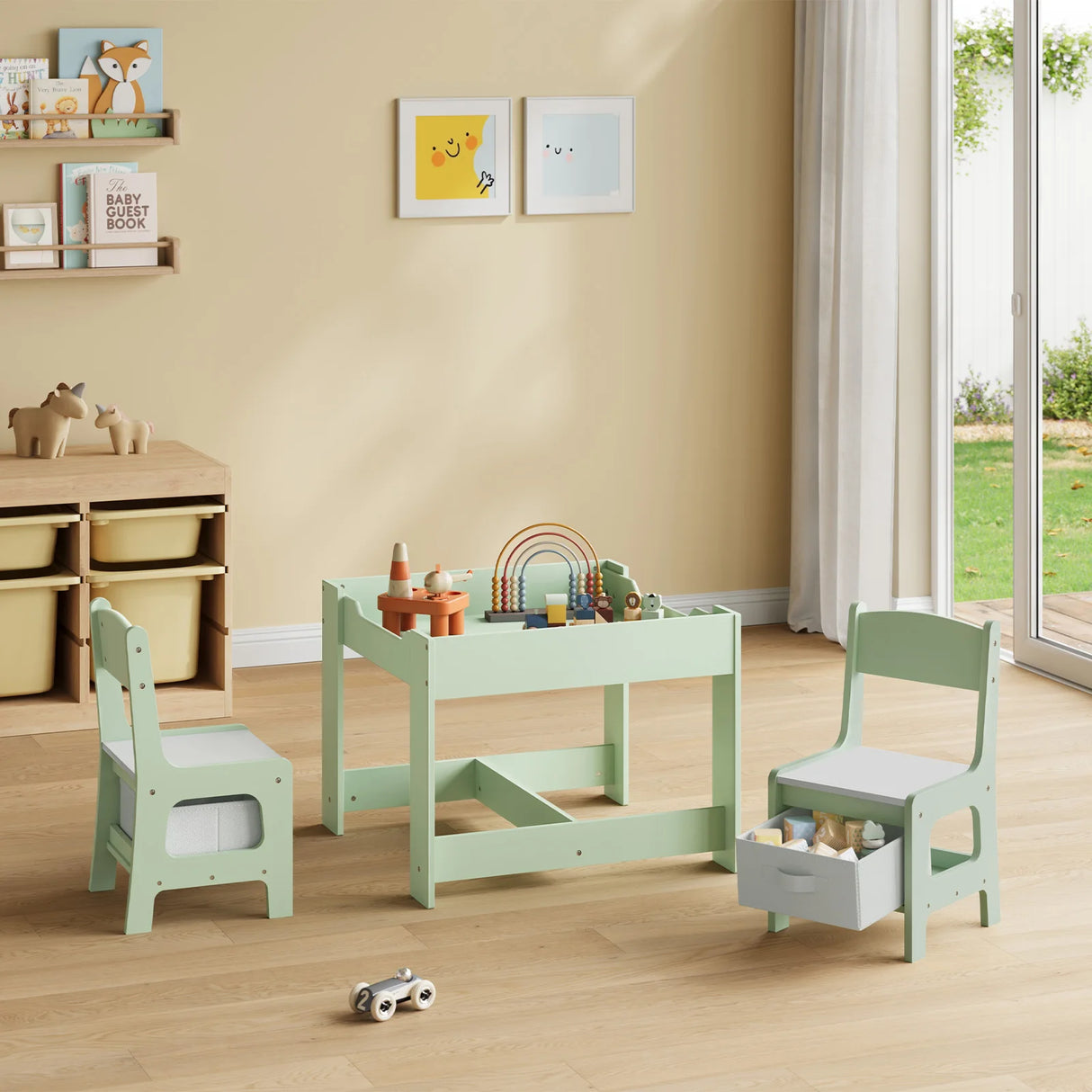 BukkitBow kindertafel met 2 houten stoelen en opbergruimte, geschikt als speelset voor kinderen.