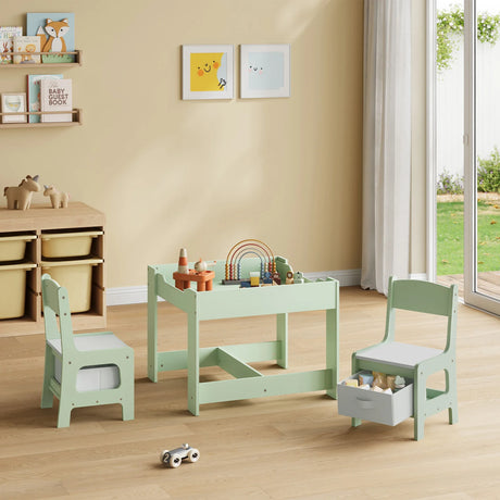 BukkitBow kindertafel met 2 houten stoelen en opbergruimte, geschikt als speelset voor kinderen.