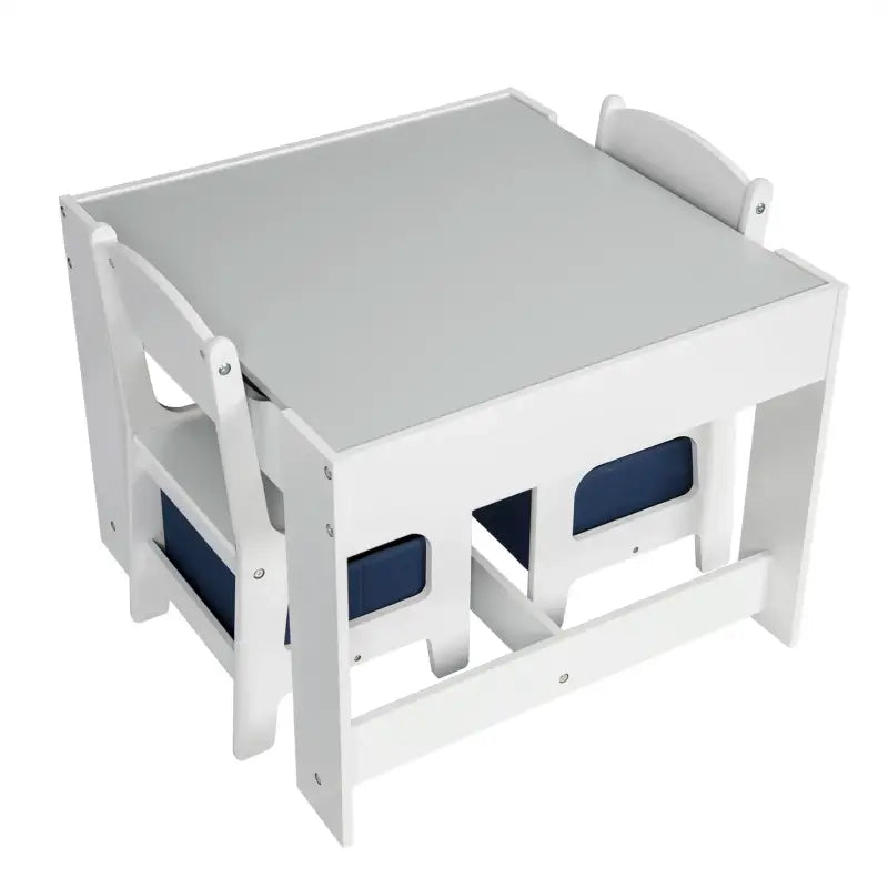 BukkitBow kindertafel met stoelen, omkeerbaar tafelblad, opbergmanden en dubbelzijdig bord, afmeting 60x60x48 cm, in kinderkamer.