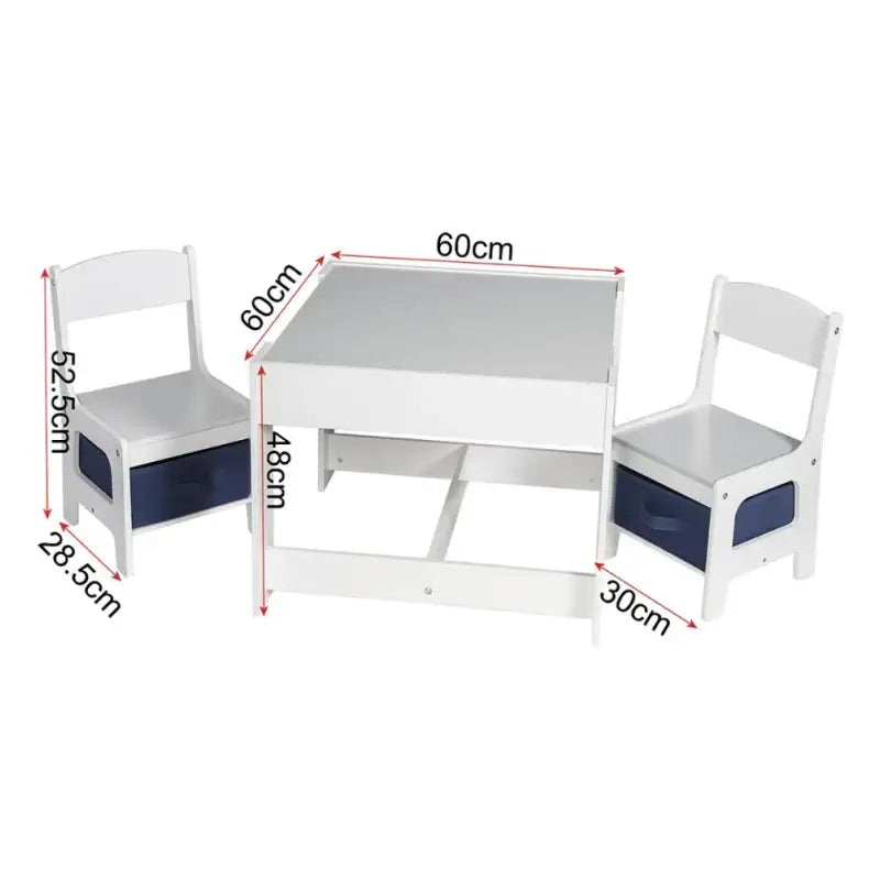 BukkitBow kindertafel met stoelen, omkeerbaar tafelblad, opbergmanden en dubbelzijdig bord, afmeting 60x60x48 cm.