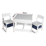 BukkitBow kindertafel met stoelen, omkeerbaar tafelblad, opbergmanden en dubbelzijdig bord, afmeting 60x60x48 cm.