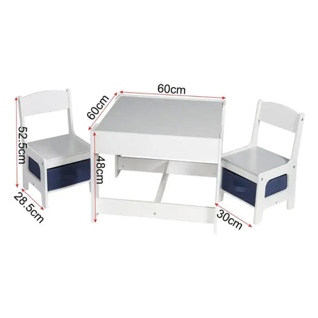 BukkitBow kindertafel met stoelen, omkeerbaar tafelblad, opbergmanden en dubbelzijdig bord, afmeting 60x60x48 cm.