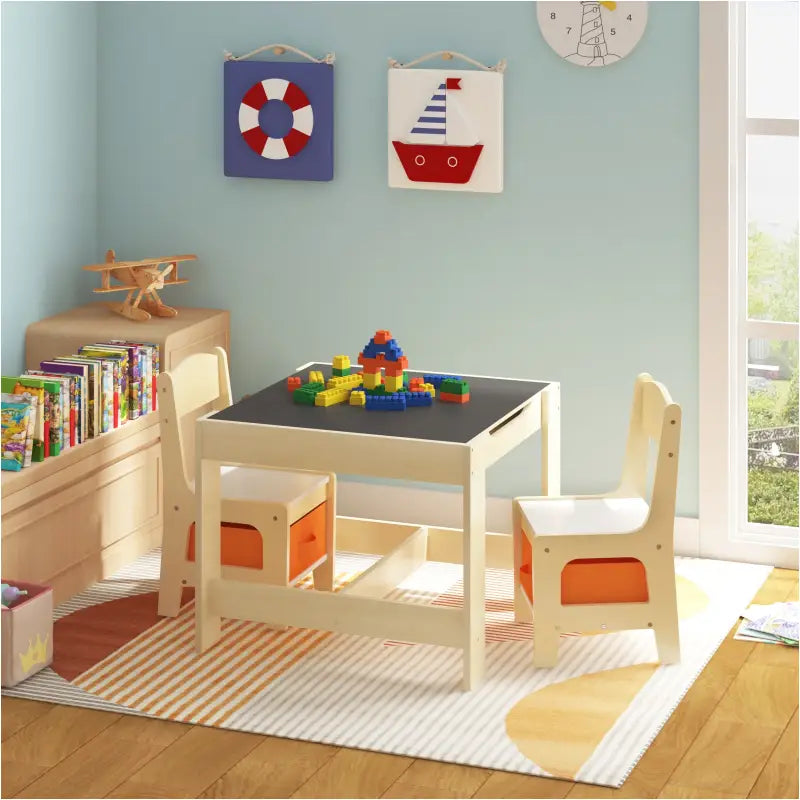 BukkitBow kindertafel met stoelen, duurzame en veilige kindermeubelset met opbergmanden, afmetingen 60x60x48 cm.