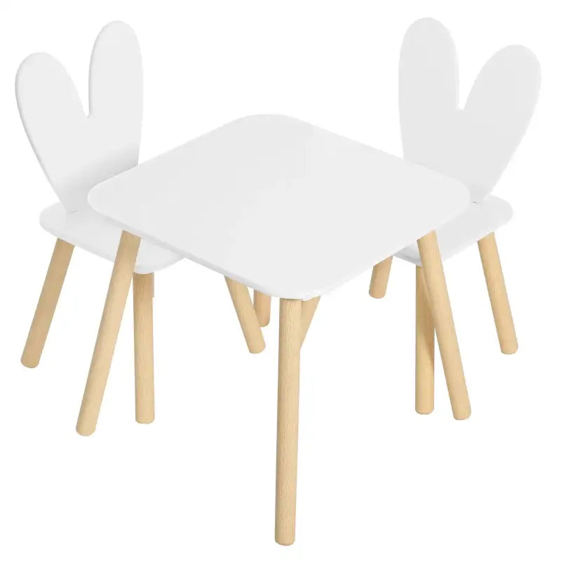 BukkitBow kinder tafel met stoelen, konijnenoor rugleuning design, afmetingen 49,5x49,5x47cm, kindermeubelset voor jonge kinderen