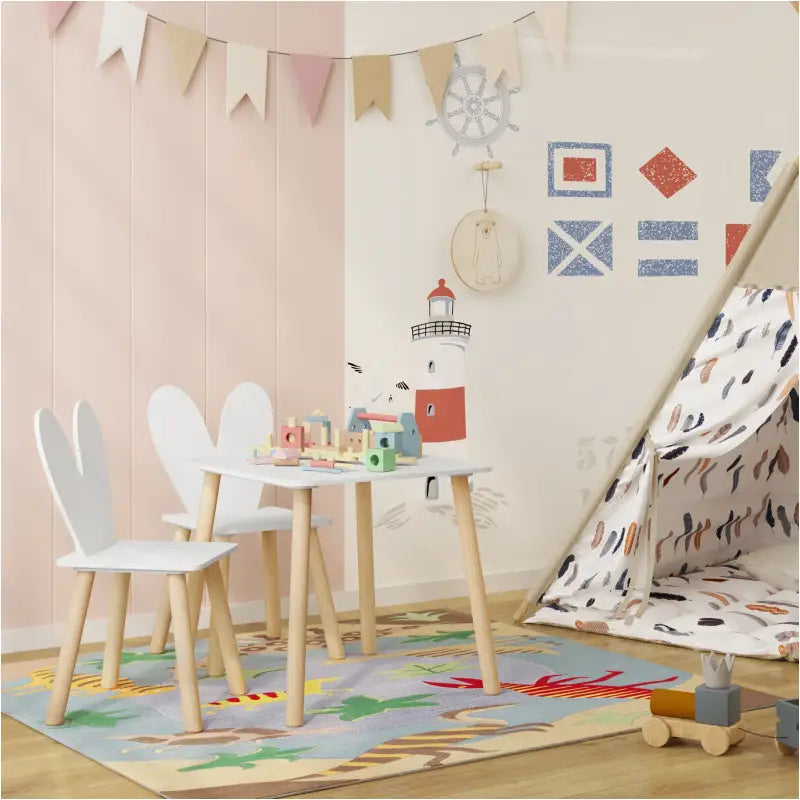 BukkitBow kindertafel met stoelen, kindermeubelset met konijnenoor rugleuning, afmetingen 49,5x49,5x47cm, houten kinder tafel