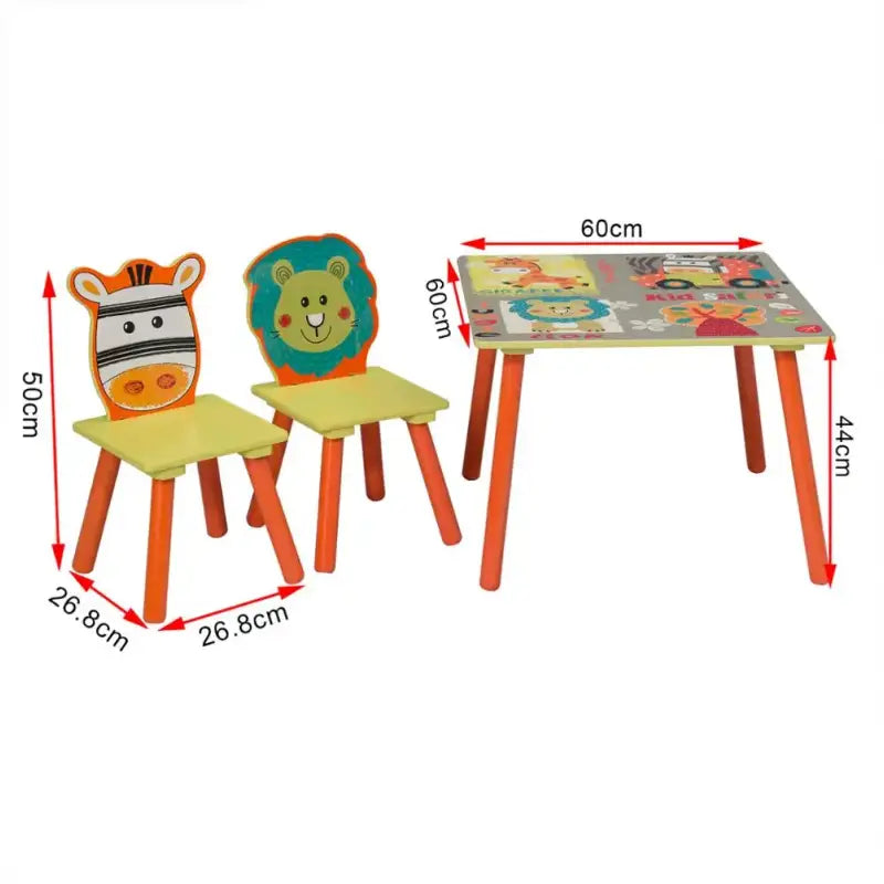 BukkitBow kindertafel met bijpassende stoelen, dierenpatroon, geschikt voor spelen en knutselen, afmeting 60x60x44 cm.