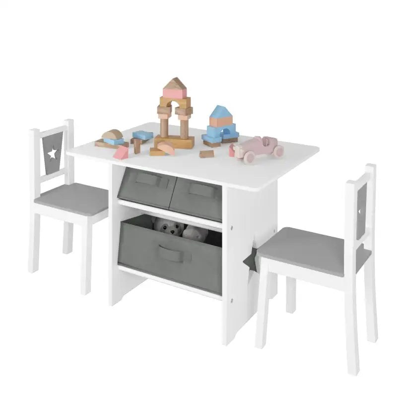 BukkitBow kindertafel met stoelen en opbergmanden, wit en grijs, afmetingen 72x49x50cm, kindermueble set met opslag.