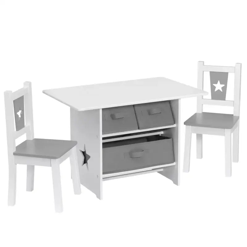 BukkitBow kindertafel met 2 stoelen, witte en grijze kindermeubelset met 3 opbergmanden, tafel 72x49x50cm, kindertafel met opbergruimte.