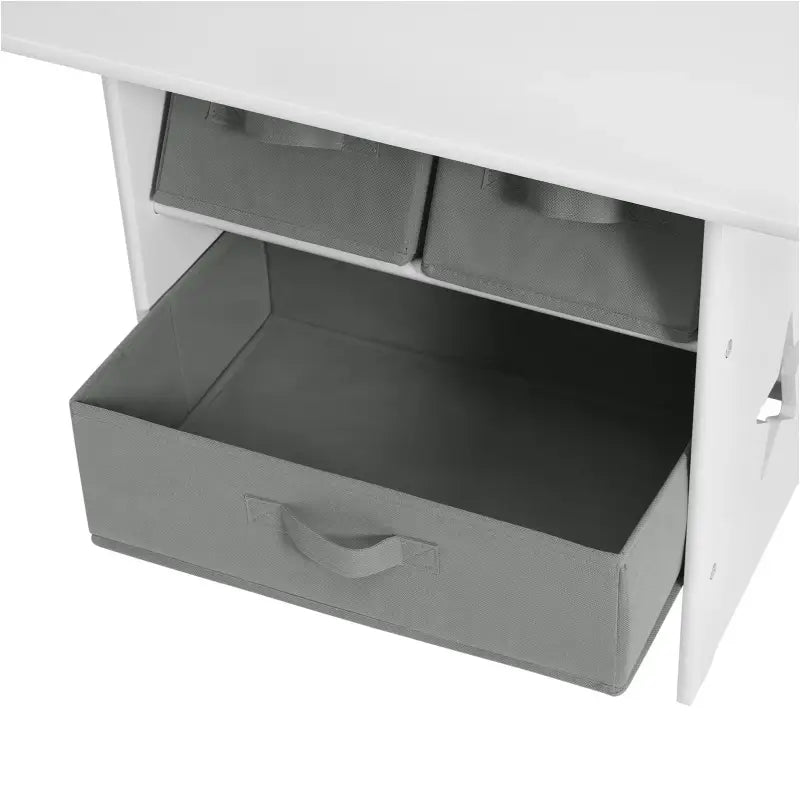 BukkitBow kindertafel met stoelen en opbergmanden, wit met grijs, afmetingen 72x49x50cm, kindermeubelset met opslag.
