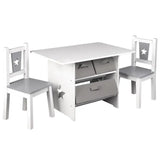 BukkitBow kindertafel met stoelen, wit en grijs, inclusief drie opbergmanden, afmetingen 72x49x50cm, kinderspeelruimtameubelset