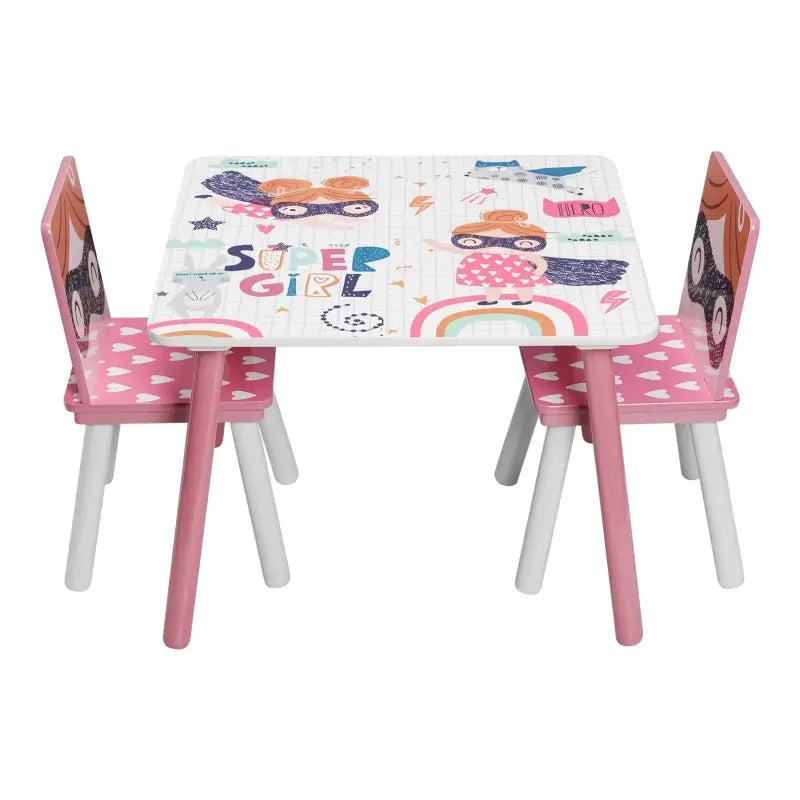 BukkitBow roze kindertafel met bijpassende stoelen, ideaal voor spelen en leren, afmeting 60x44x60 cm.