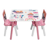 BukkitBow roze kindertafel met bijpassende stoelen, ideaal voor spelen en leren, afmeting 60x44x60 cm.