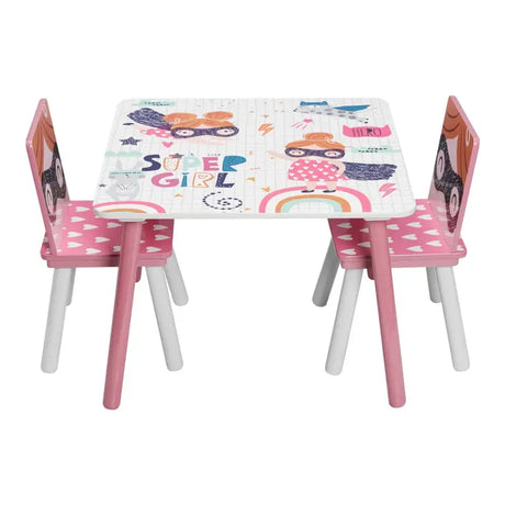 BukkitBow roze kindertafel met bijpassende stoelen, ideaal voor spelen en leren, afmeting 60x44x60 cm.
