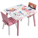 Roze kindertafel met bijpassende stoelen van BukkitBow, ideaal voor spelen en leren, afmetingen 60x44x60cm.