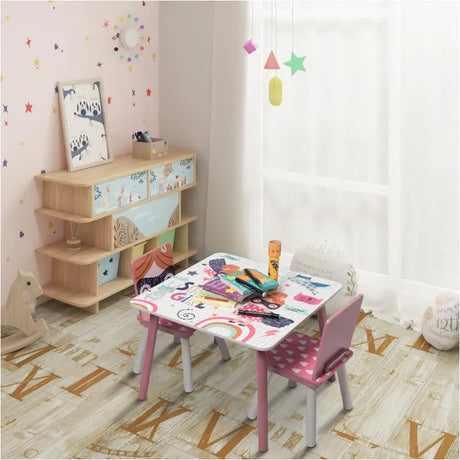 Roze kindertafel en stoelen set van BukkitBow, ideaal voor spelen en leren, afmeting 60x44x60 cm, geschikt voor kinderen.