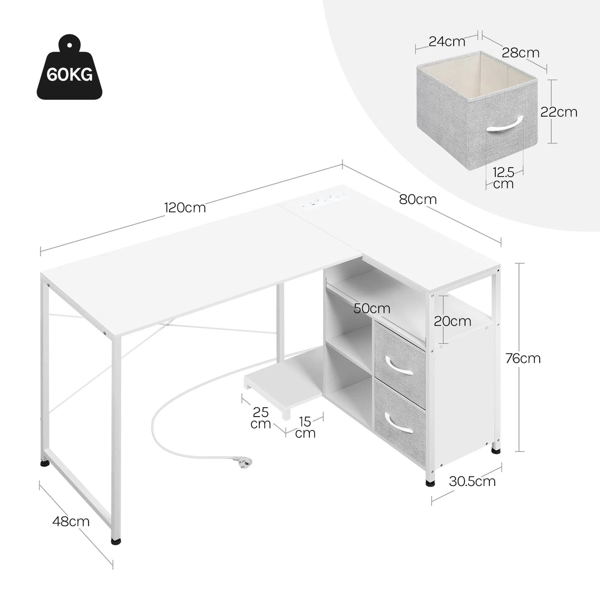 BukkitBow L-vorm bureau met hout en metaal, USB-poorten, modern hoekbureau geschikt voor thuis of kantoor.