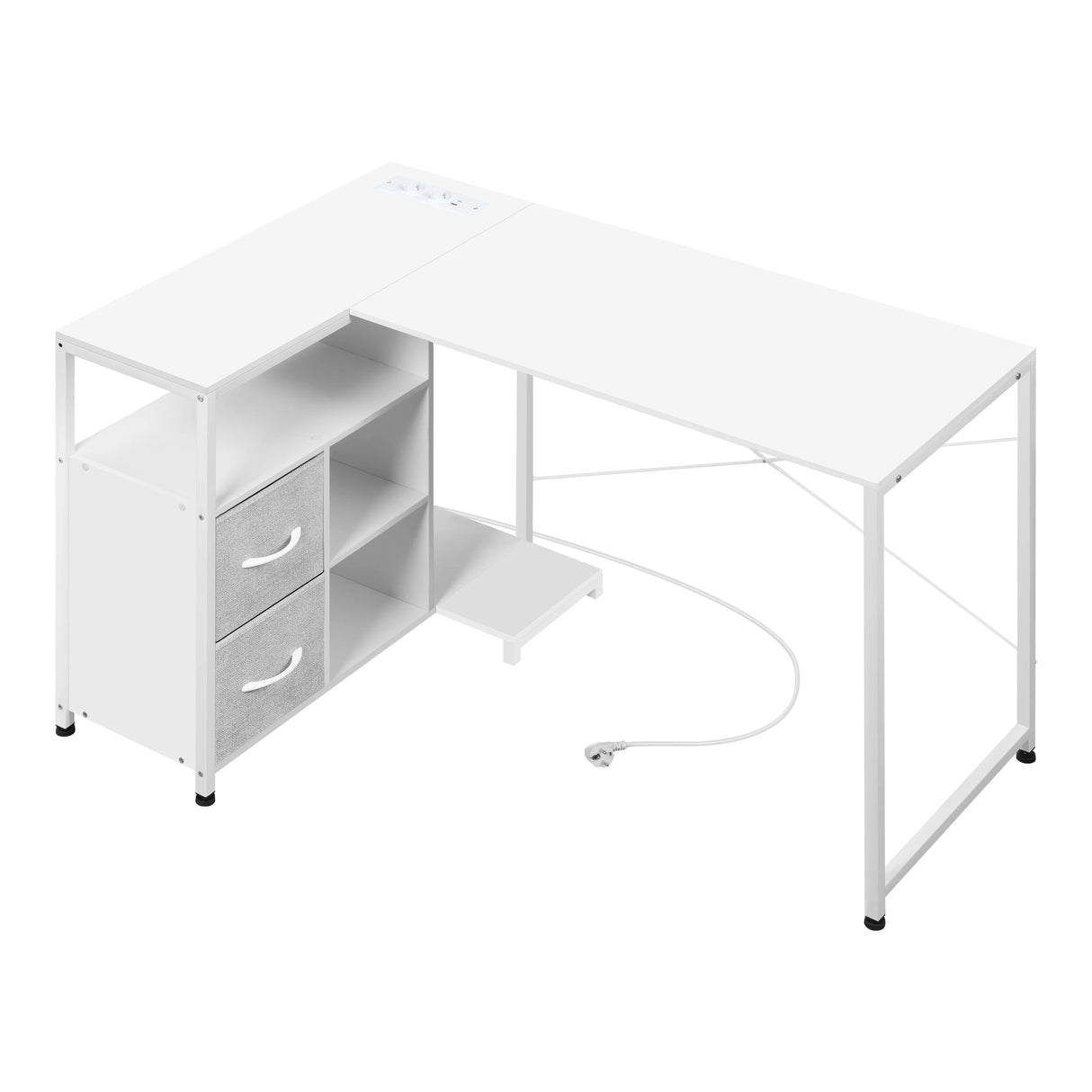 BukkitBow L-vorm bureau met hout en metaal, USB-poorten, modern hoekbureau voor thuis of kantoor.